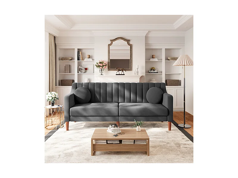 Canapé 3 places en velours - pieds en bois massif 19cm - avec 2 Coussins - 206x74x83cm - Gris