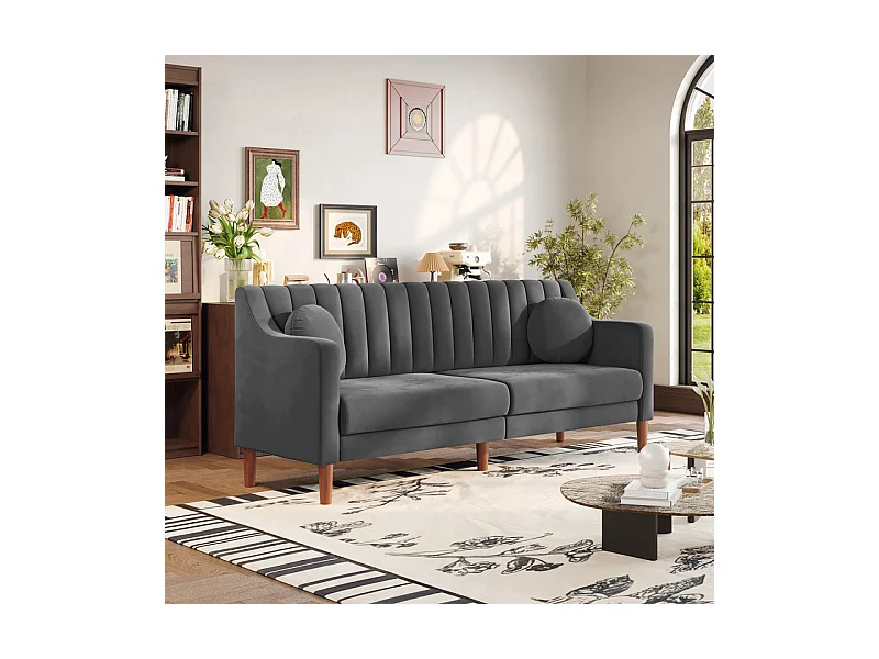 Canapé 3 places en velours - pieds en bois massif 19cm - avec 2 Coussins - 206x74x83cm - Gris