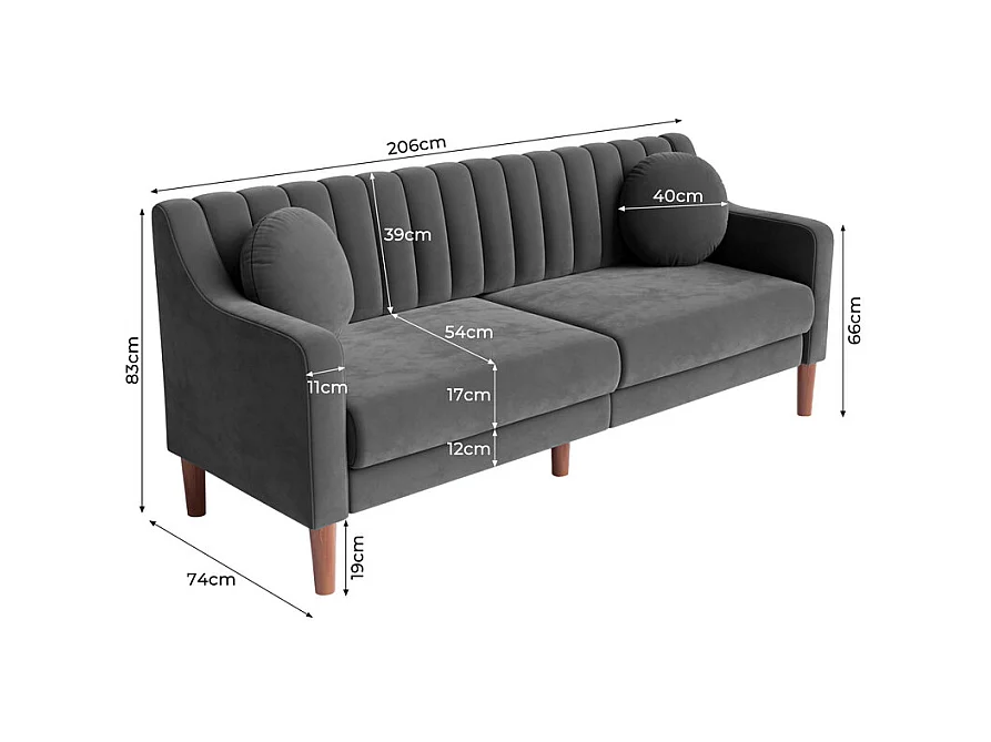Canapé 3 places en velours - pieds en bois massif 19cm - avec 2 Coussins - 206x74x83cm - Gris