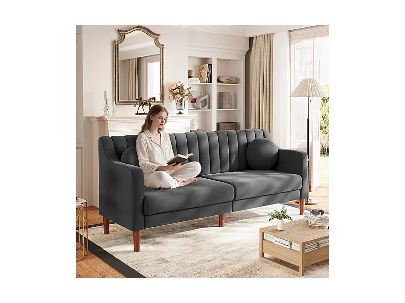 Canapé 3 places en velours - pieds en bois massif 19cm - avec 2 Coussins - 206x74x83cm - Gris