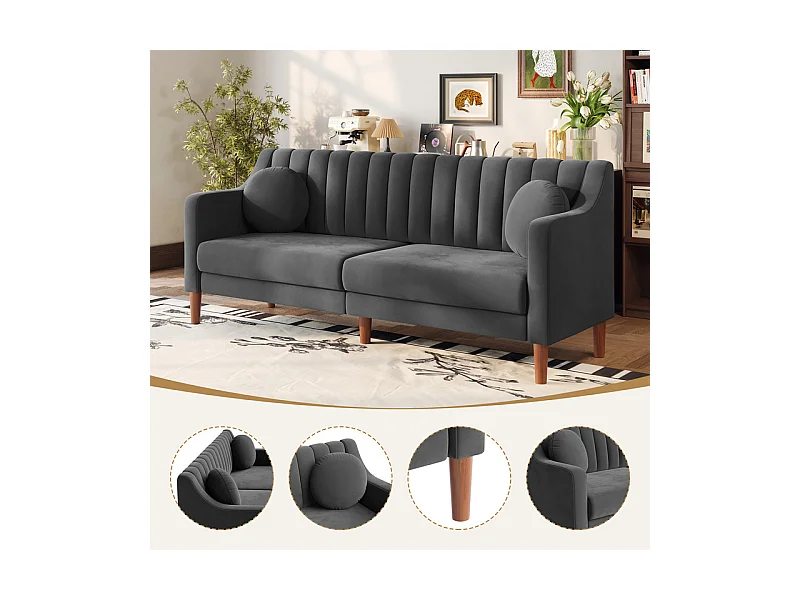 Canapé 3 places en velours - pieds en bois massif 19cm - avec 2 Coussins - 206x74x83cm - Gris