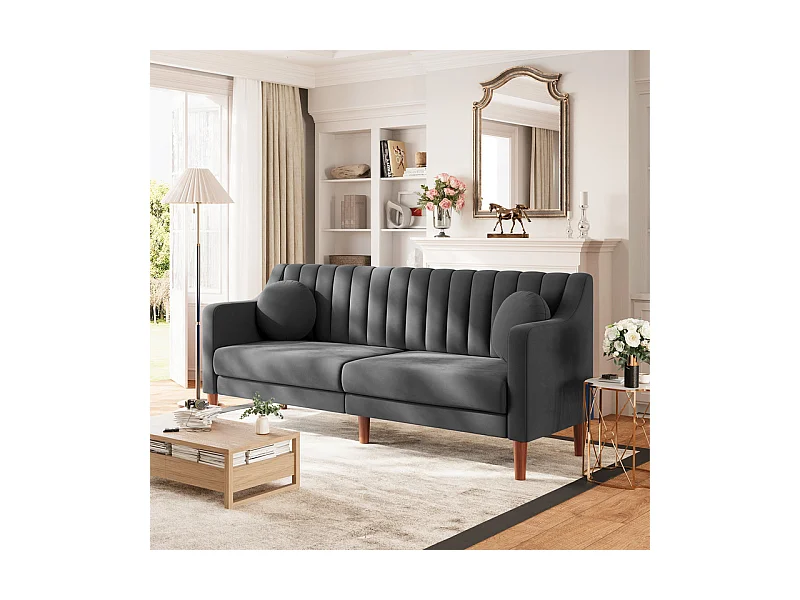 Canapé 3 places en velours - pieds en bois massif 19cm - avec 2 Coussins - 206x74x83cm - Gris