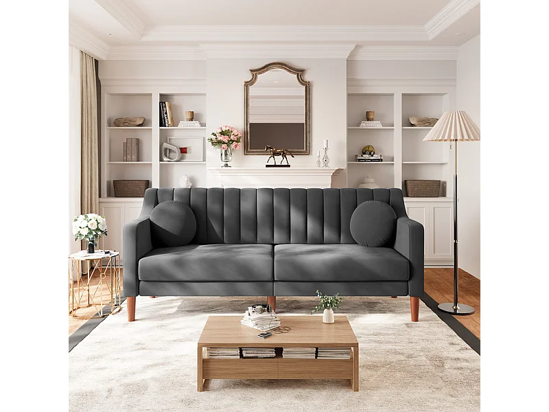 Canapé 3 places en velours - pieds en bois massif 19cm - avec 2 Coussins - 206x74x83cm - Gris