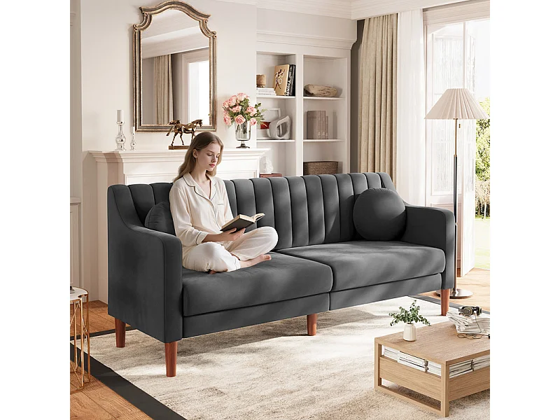 Canapé 3 places en velours - pieds en bois massif 19cm - avec 2 Coussins - 206x74x83cm - Gris