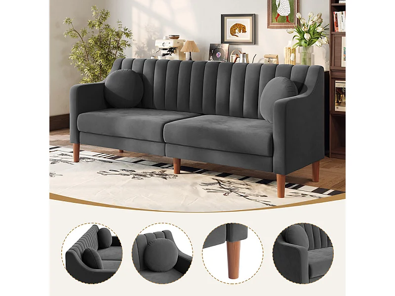 Canapé 3 places en velours - pieds en bois massif 19cm - avec 2 Coussins - 206x74x83cm - Gris