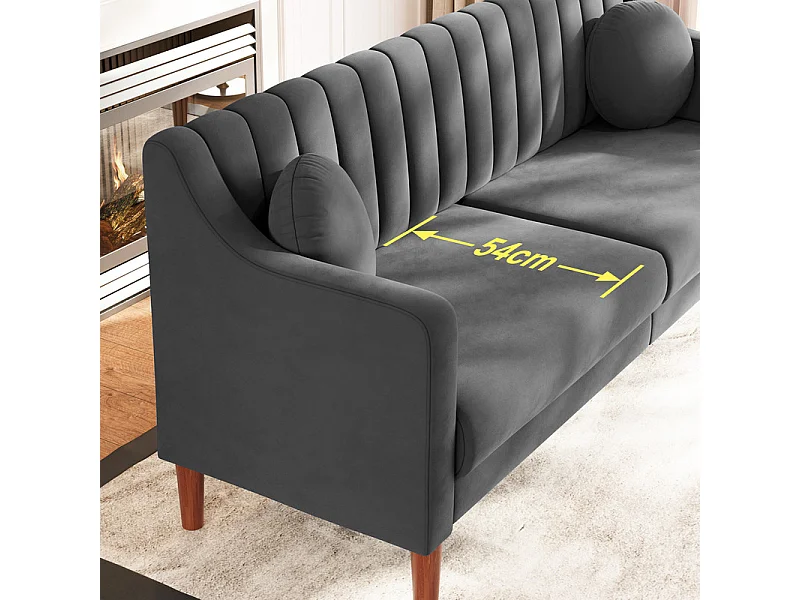 Canapé 3 places en velours - pieds en bois massif 19cm - avec 2 Coussins - 206x74x83cm - Gris