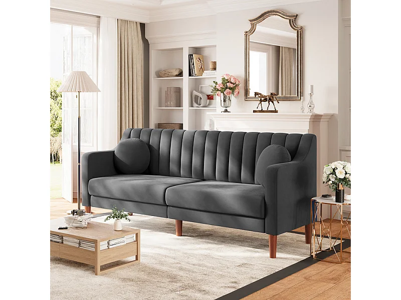 Canapé 3 places en velours - pieds en bois massif 19cm - avec 2 Coussins - 206x74x83cm - Gris