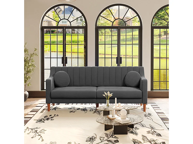 Canapé 3 places en velours - pieds en bois massif 19cm - avec 2 Coussins - 206x74x83cm - Gris