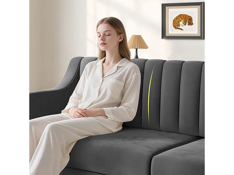 Canapé 3 places en velours - pieds en bois massif 19cm - avec 2 Coussins - 206x74x83cm - Gris