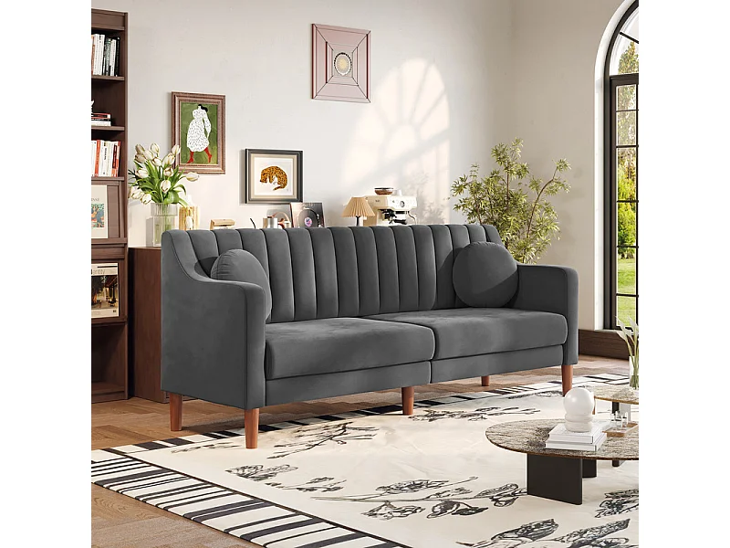 Canapé 3 places en velours - pieds en bois massif 19cm - avec 2 Coussins - 206x74x83cm - Gris