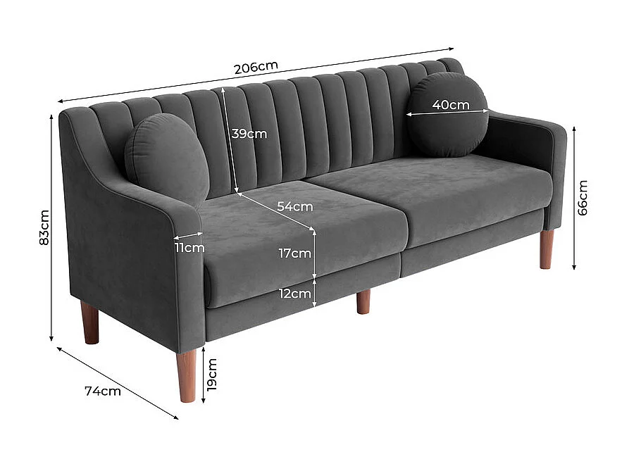 Canapé 3 places en velours - pieds en bois massif 19cm - avec 2 Coussins - 206x74x83cm - Gris