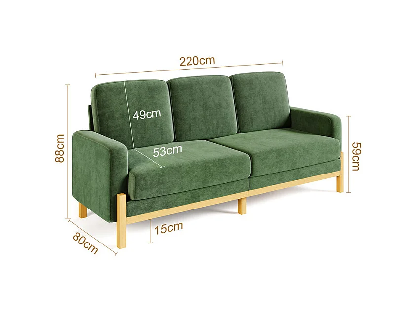 3-zits bank - massief houten frame - chenille stof - 220x80x88cm - Groen