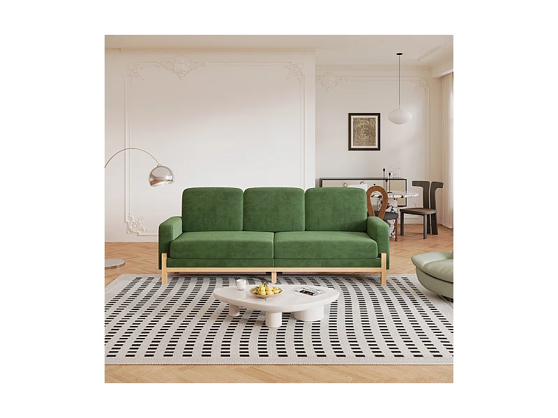 Canapé 3 places - cadre en bois massif - en tissu chenille - 220x80x88cm - Vert