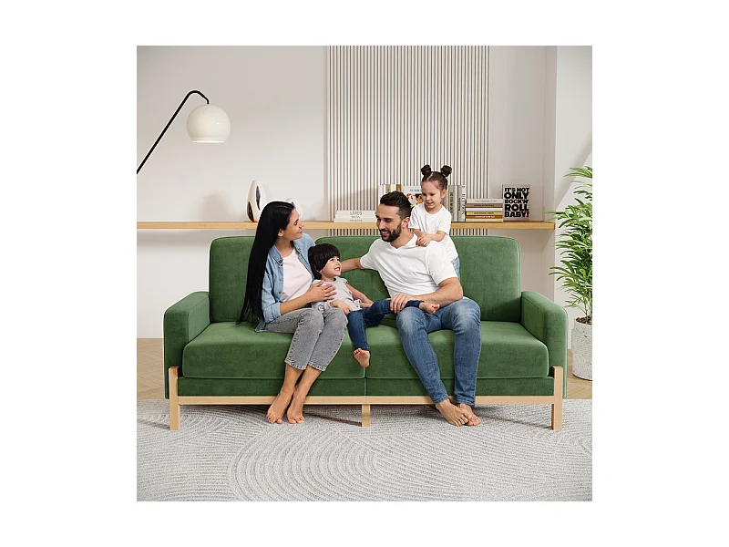 Canapé 3 places - cadre en bois massif - en tissu chenille - 220x80x88cm - Vert