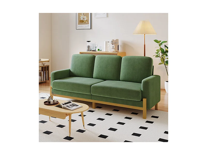 Canapé 3 places - cadre en bois massif - en tissu chenille - 220x80x88cm - Vert