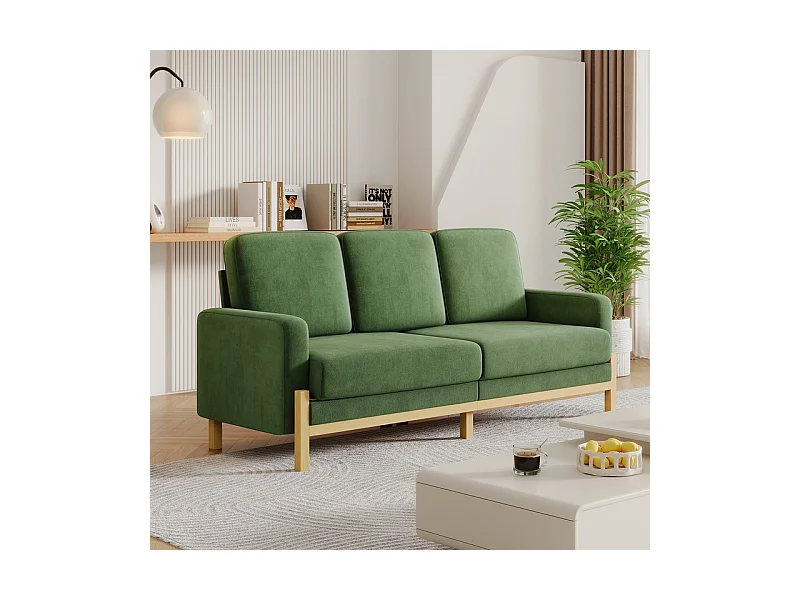 Canapé 3 places - cadre en bois massif - en tissu chenille - 220x80x88cm - Vert