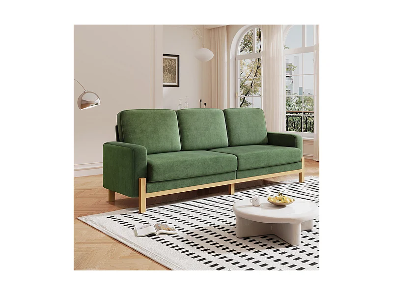 Canapé 3 places - cadre en bois massif - en tissu chenille - 220x80x88cm - Vert