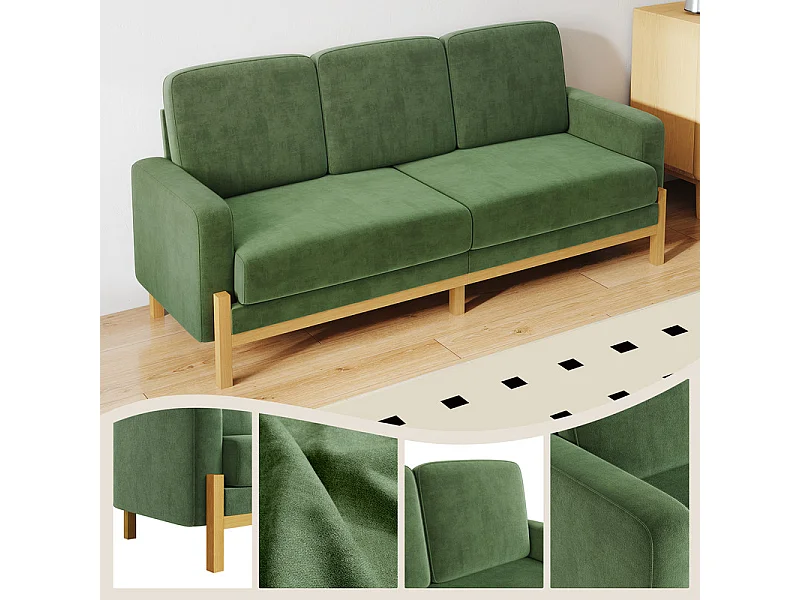 Canapé 3 places - cadre en bois massif - en tissu chenille - 220x80x88cm - Vert