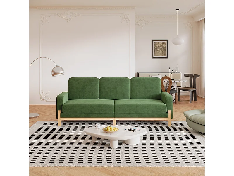 Canapé 3 places - cadre en bois massif - en tissu chenille - 220x80x88cm - Vert