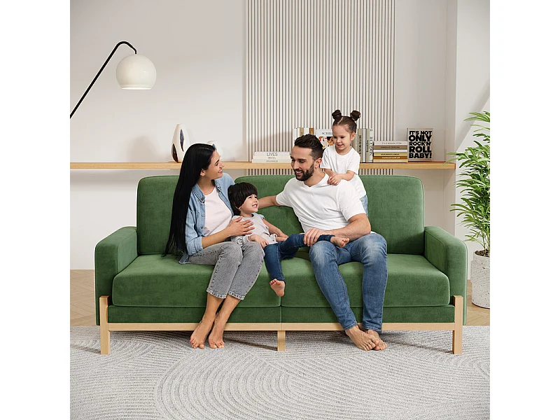 Canapé 3 places - cadre en bois massif - en tissu chenille - 220x80x88cm - Vert