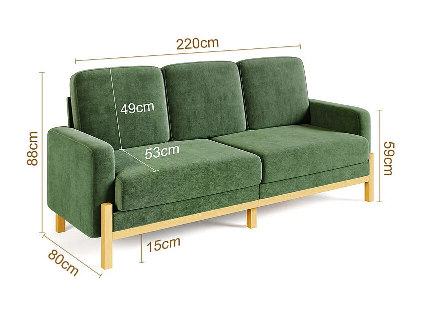 Canapé 3 places - cadre en bois massif - en tissu chenille - 220x80x88cm - Vert