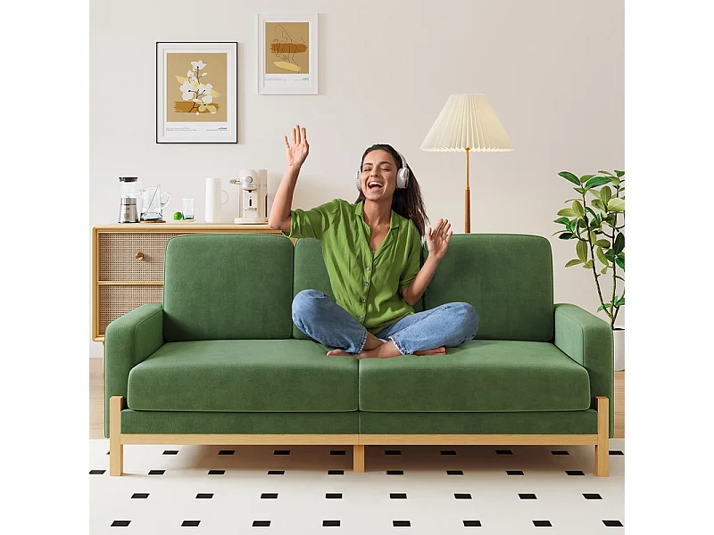 Canapé 3 places - cadre en bois massif - en tissu chenille - 220x80x88cm - Vert