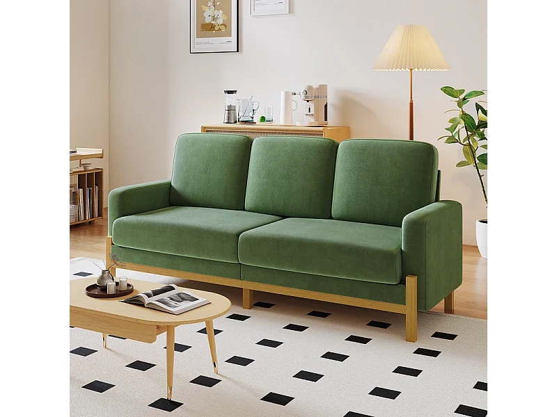 Canapé 3 places - cadre en bois massif - en tissu chenille - 220x80x88cm - Vert