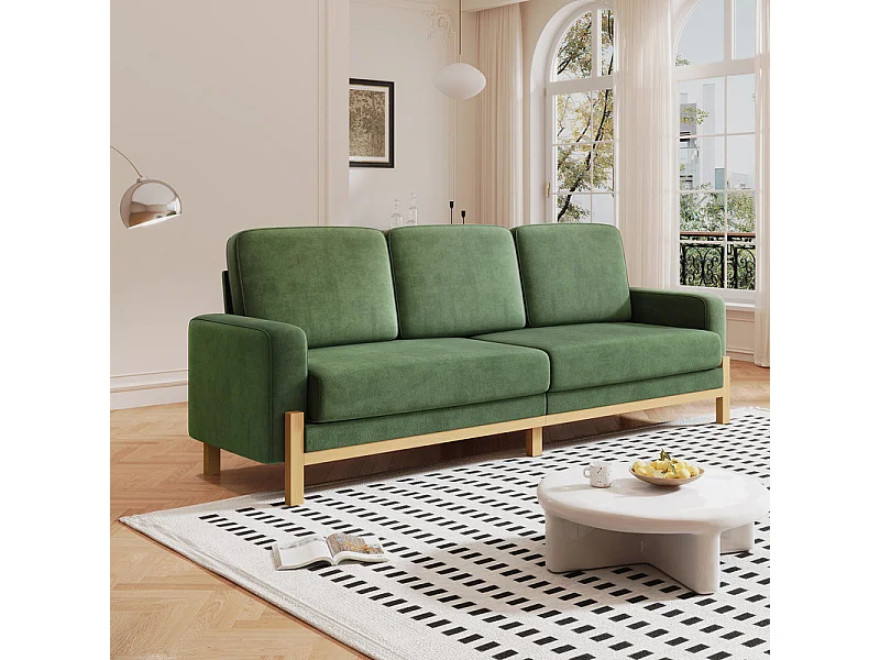 Canapé 3 places - cadre en bois massif - en tissu chenille - 220x80x88cm - Vert