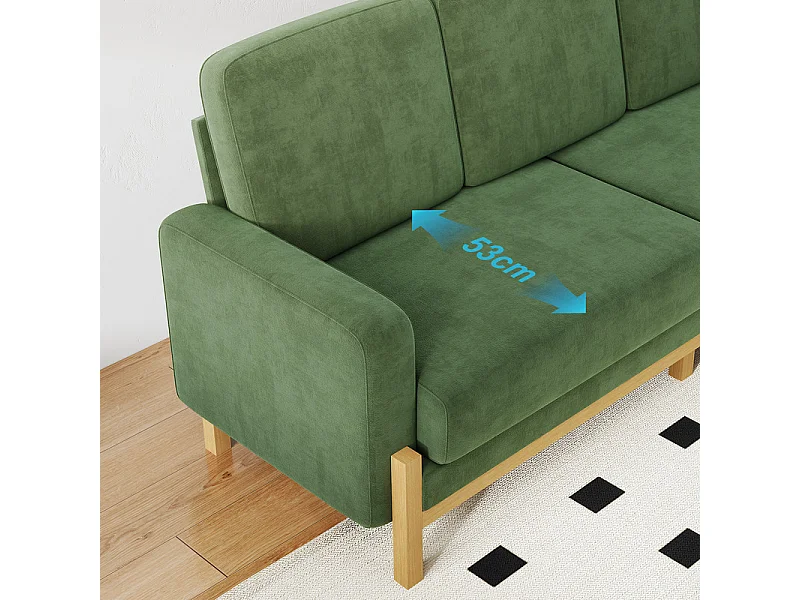 Canapé 3 places - cadre en bois massif - en tissu chenille - 220x80x88cm - Vert