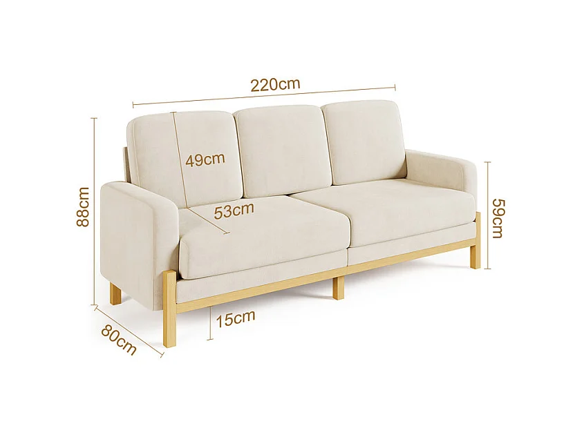 3-zits bank - massief houten frame - chenille stof - 220x80x88cm - Beige