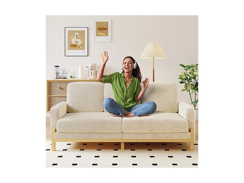 3-zits bank - massief houten frame - chenille stof - 220x80x88cm - Beige