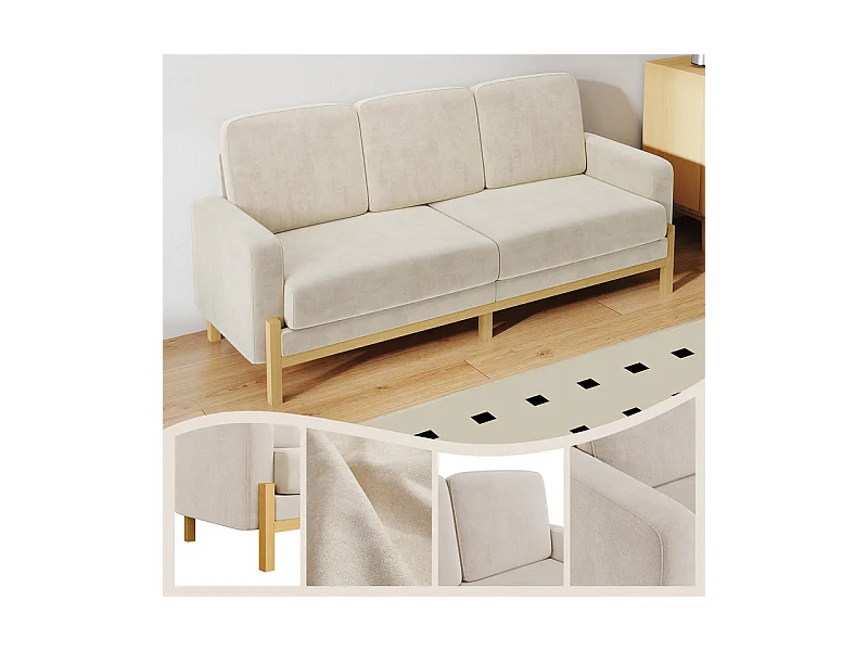 3-zits bank - massief houten frame - chenille stof - 220x80x88cm - Beige