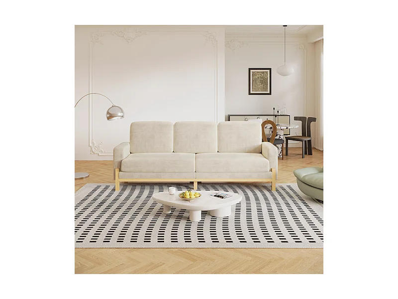 Canapé 3 places - cadre en bois massif - en tissu chenille - 220x80x88cm - Beige