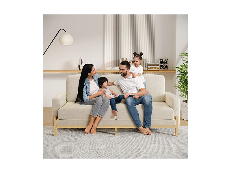 Canapé 3 places - cadre en bois massif - en tissu chenille - 220x80x88cm - Beige