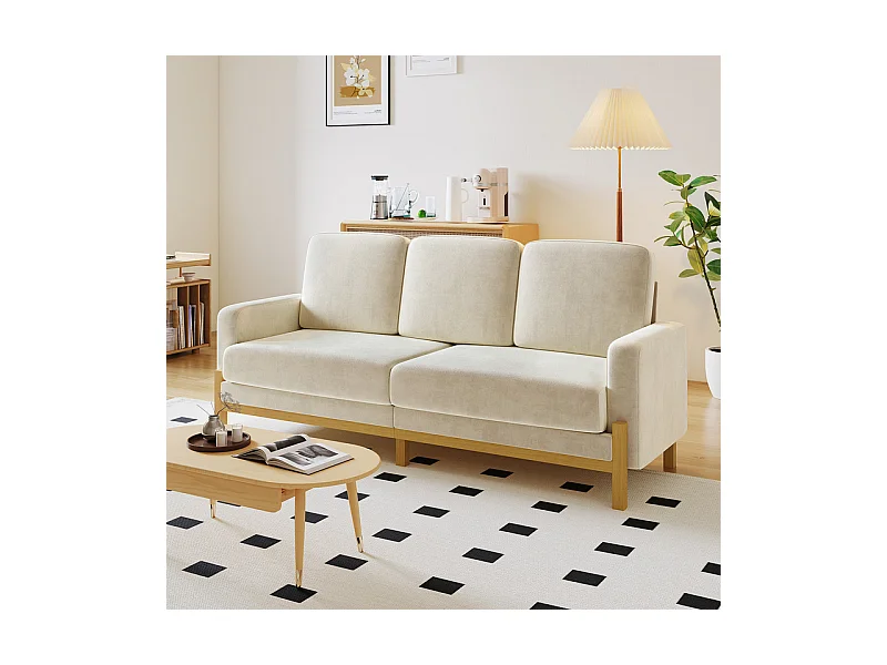 Canapé 3 places - cadre en bois massif - en tissu chenille - 220x80x88cm - Beige