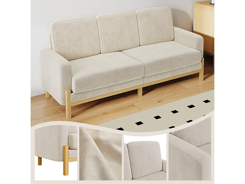 Canapé 3 places - cadre en bois massif - en tissu chenille - 220x80x88cm - Beige