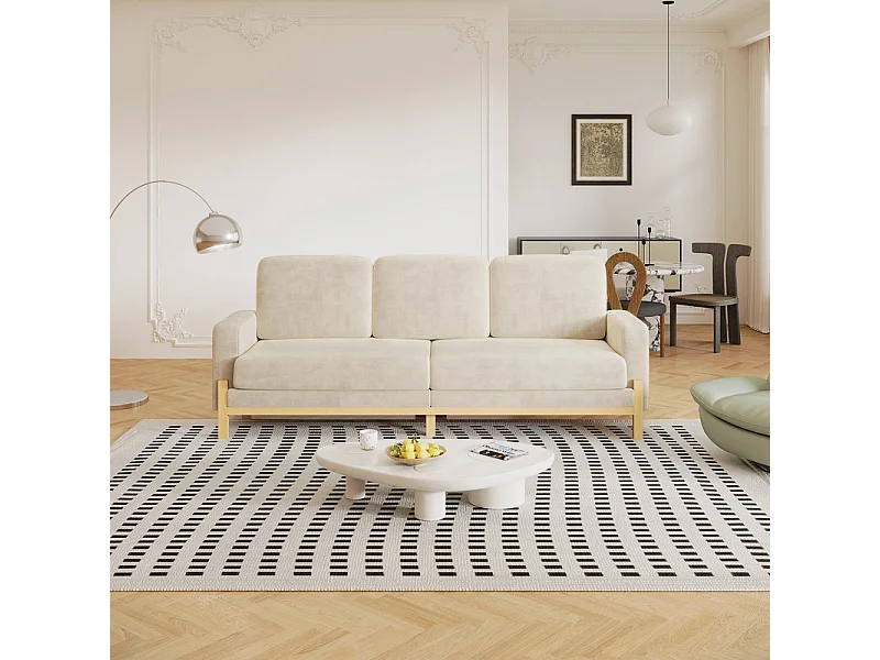 Canapé 3 places - cadre en bois massif - en tissu chenille - 220x80x88cm - Beige