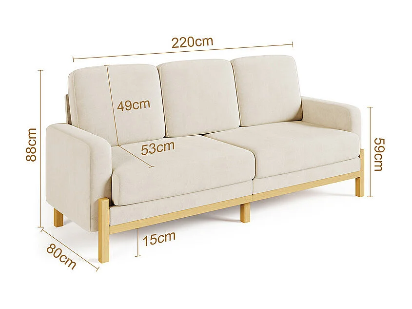 Canapé 3 places - cadre en bois massif - en tissu chenille - 220x80x88cm - Beige