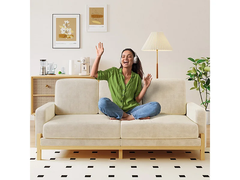 Canapé 3 places - cadre en bois massif - en tissu chenille - 220x80x88cm - Beige