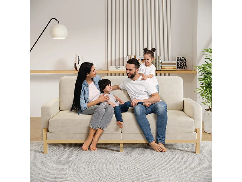 Canapé 3 places - cadre en bois massif - en tissu chenille - 220x80x88cm - Beige