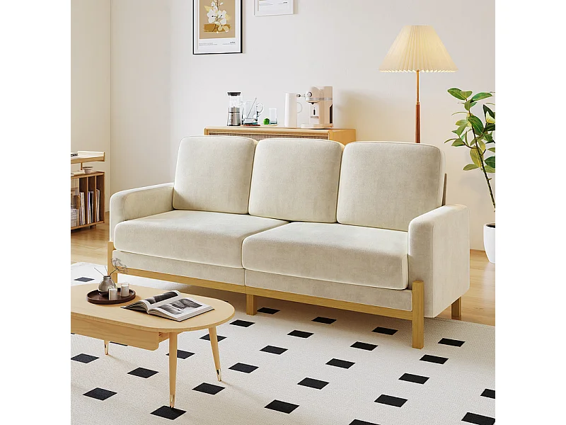 Canapé 3 places - cadre en bois massif - en tissu chenille - 220x80x88cm - Beige