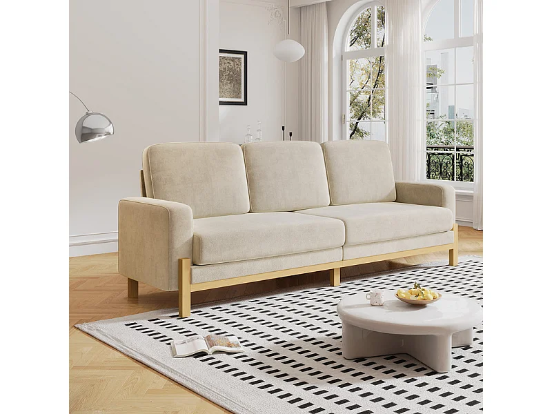 Canapé 3 places - cadre en bois massif - en tissu chenille - 220x80x88cm - Beige