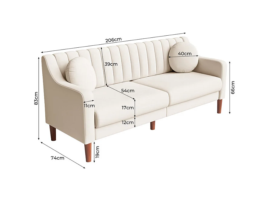 3-Sitzer Sofa aus Velours - Massivholzfüße 19cm - mit 2 Kissen - 206x74x83cm - Beige