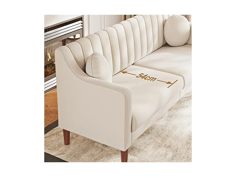 3-Sitzer Sofa aus Velours - Massivholzfüße 19cm - mit 2 Kissen - 206x74x83cm - Beige