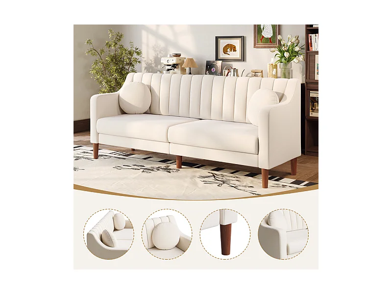 3-Sitzer Sofa aus Velours - Massivholzfüße 19cm - mit 2 Kissen - 206x74x83cm - Beige