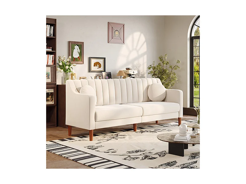 3-Sitzer Sofa aus Velours - Massivholzfüße 19cm - mit 2 Kissen - 206x74x83cm - Beige