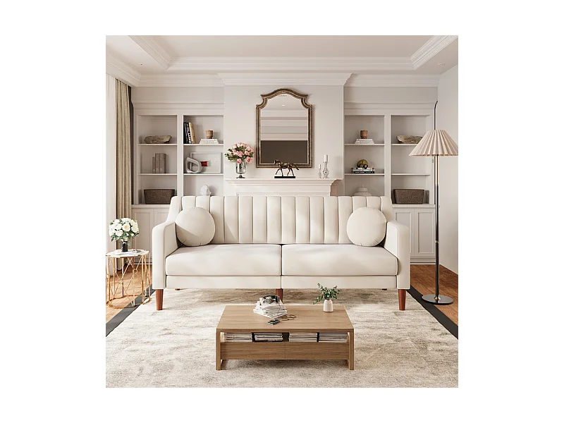 3-Sitzer Sofa aus Velours - Massivholzfüße 19cm - mit 2 Kissen - 206x74x83cm - Beige