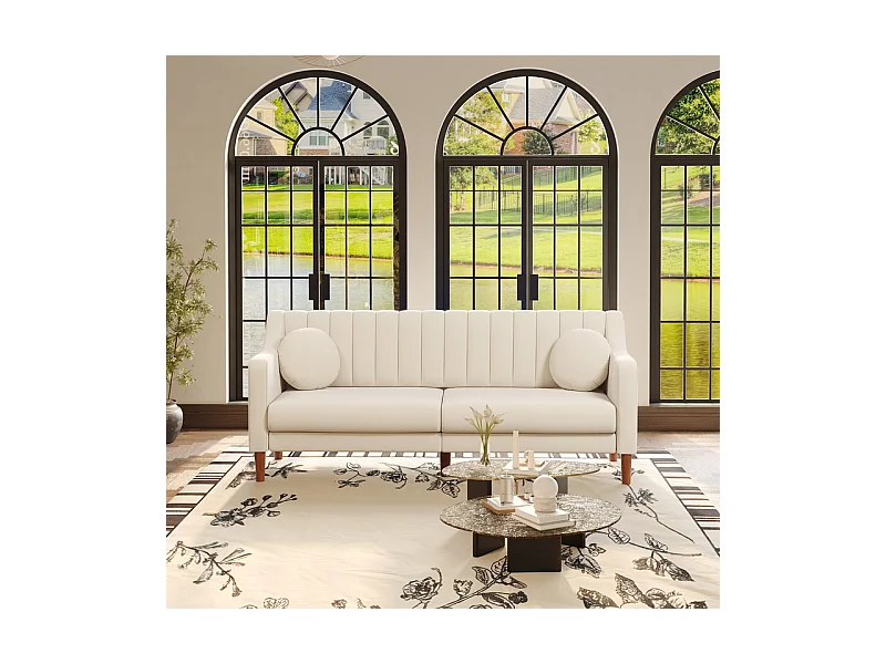 Canapé 3 places en velours - pieds en bois massif 19cm - avec 2 Coussins - 206x74x83cm - Beige