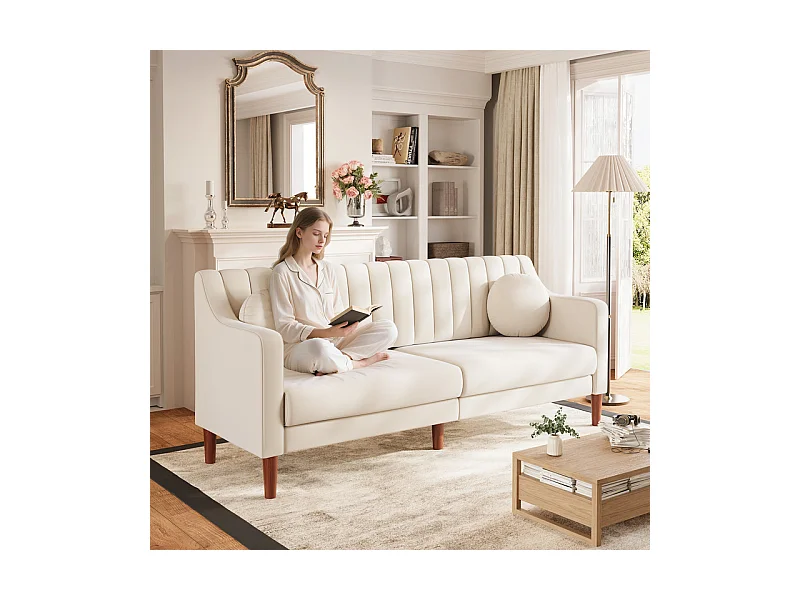 Canapé 3 places en velours - pieds en bois massif 19cm - avec 2 Coussins - 206x74x83cm - Beige