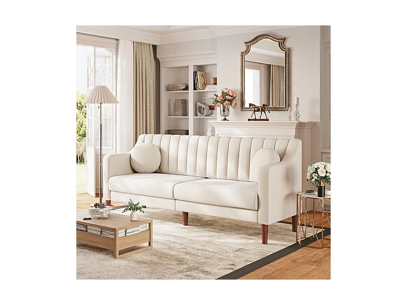 Canapé 3 places en velours - pieds en bois massif 19cm - avec 2 Coussins - 206x74x83cm - Beige